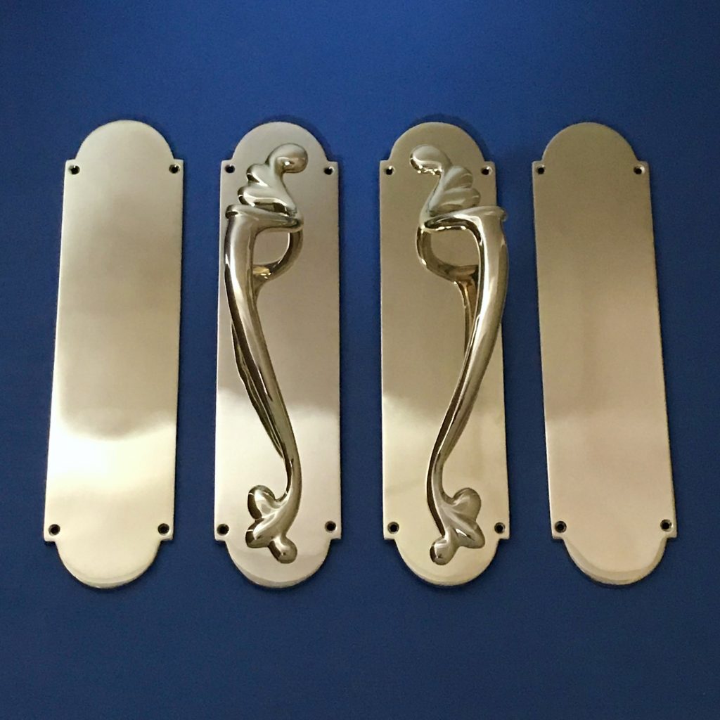 ORNATE Brass DRAWER Bail PULLS Plates Antique Art Nouveau Set 6